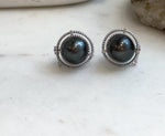 Elly’s 10.3mm Tahitian black Platinum ocean Pearls Earrings: Extreme luster Mirrored, 1.5cm high, S925 silver earrings.
