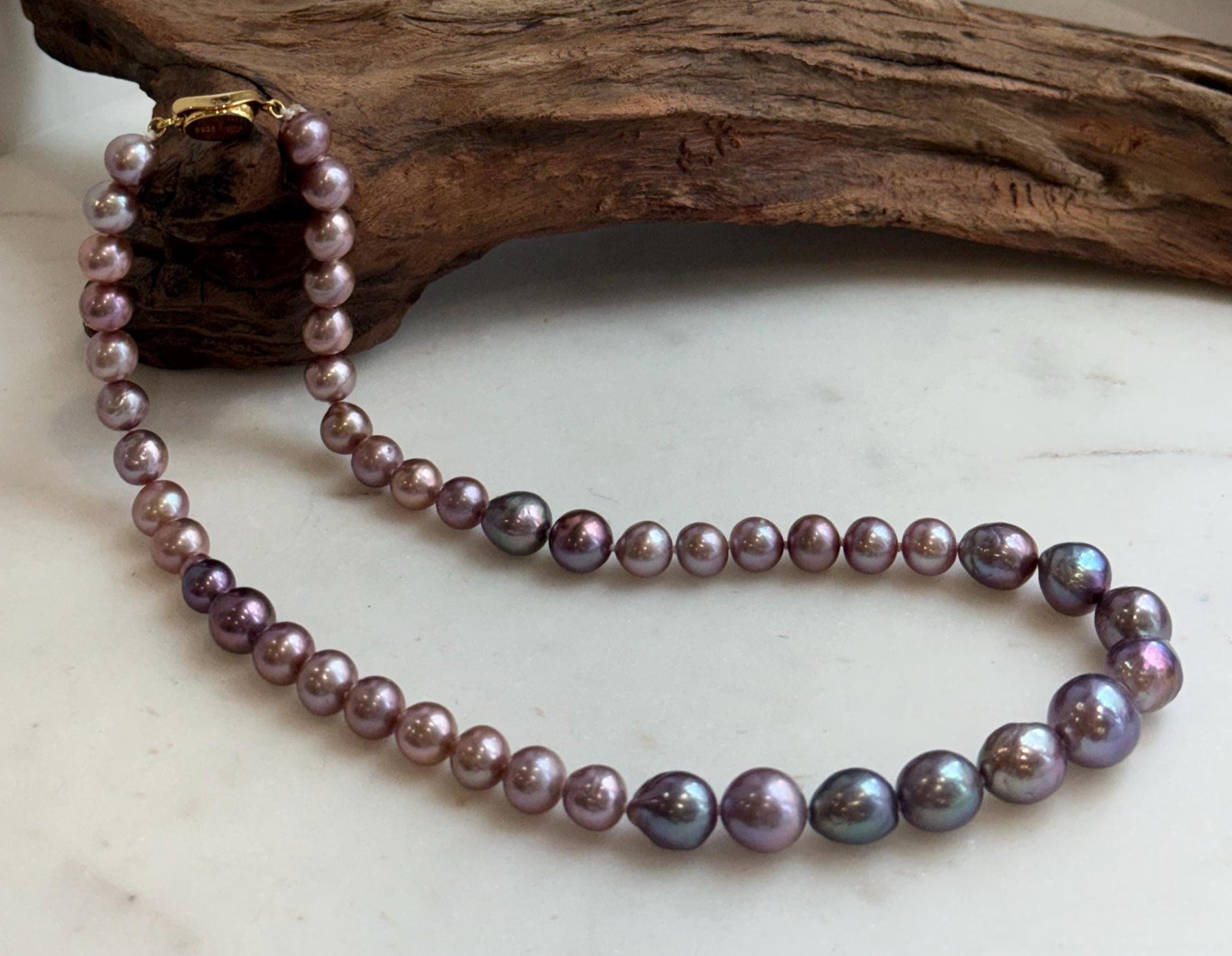 Elly’s 7.9-12.6mm Rose lavender Purple Freshwater Pearls Necklace Strand: Extreme luster mirrored, 18.3”, S925 silver necklace.