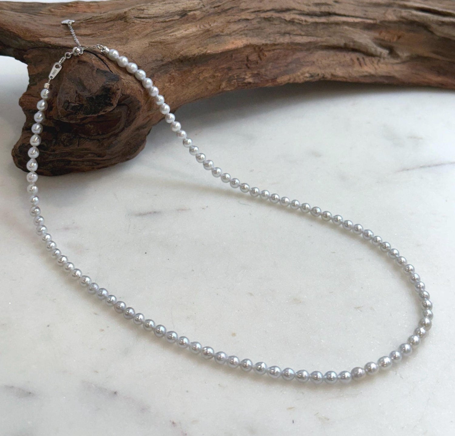 Elly’s 4.1-4.5mm Insale Freshwater blue silver Pearls Necklace: Extreme luster mirrored, To 18.5”, S925 silver necklace strand.