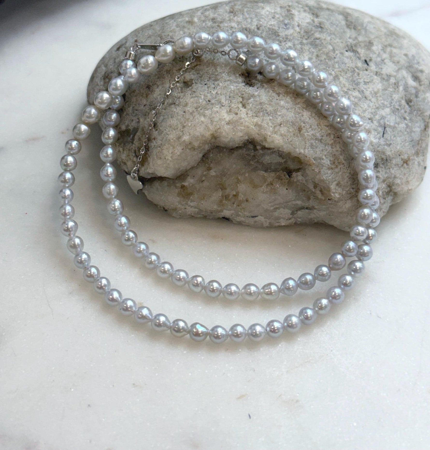 Elly’s 4.1-4.5mm Insale Freshwater blue silver Pearls Necklace: Extreme luster mirrored, To 18.5”, S925 silver necklace strand.
