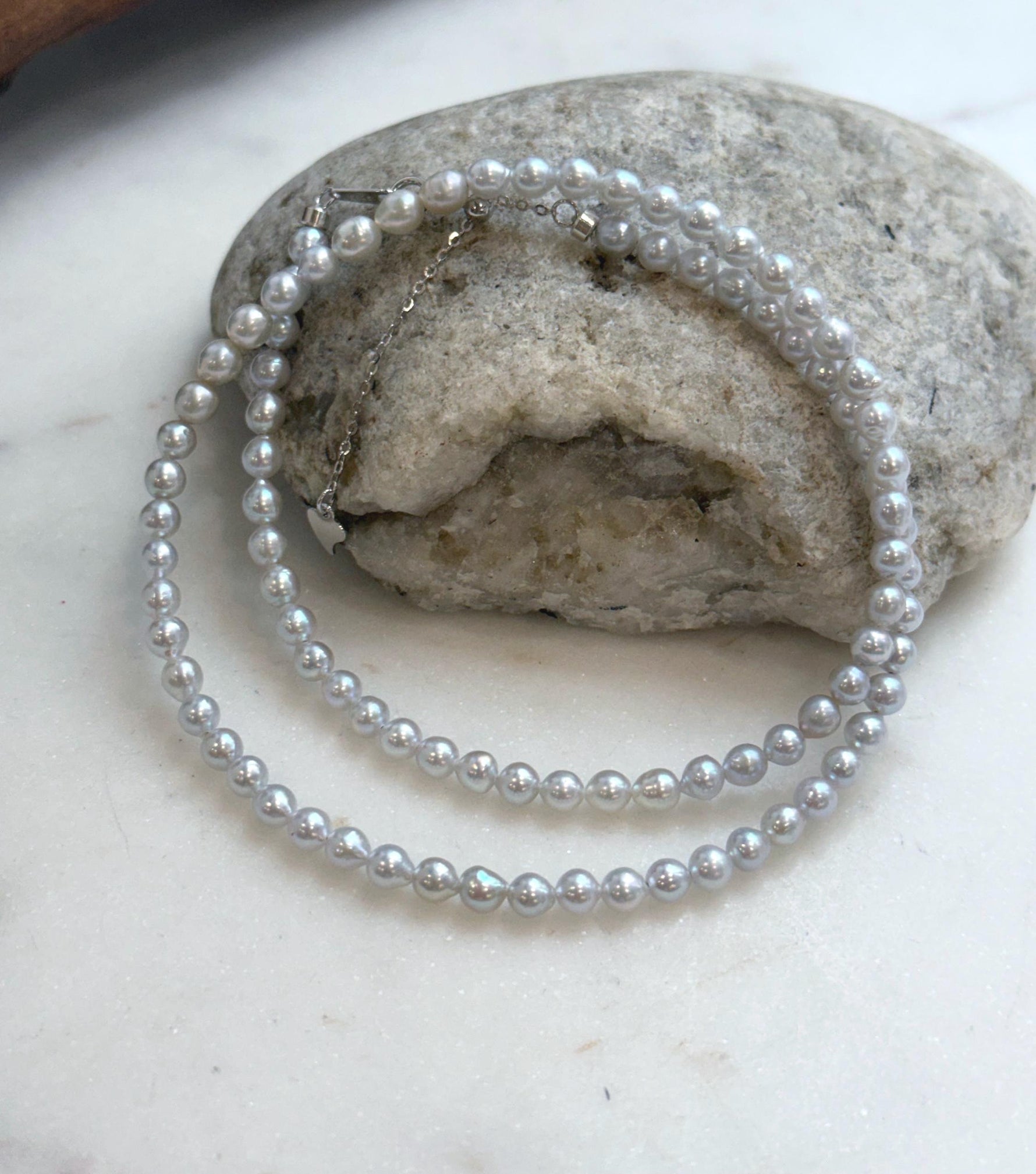 Elly’s 4.1-4.5mm Insale Freshwater blue silver Pearls Necklace: Extreme luster mirrored, To 18.5”, S925 silver necklace strand.