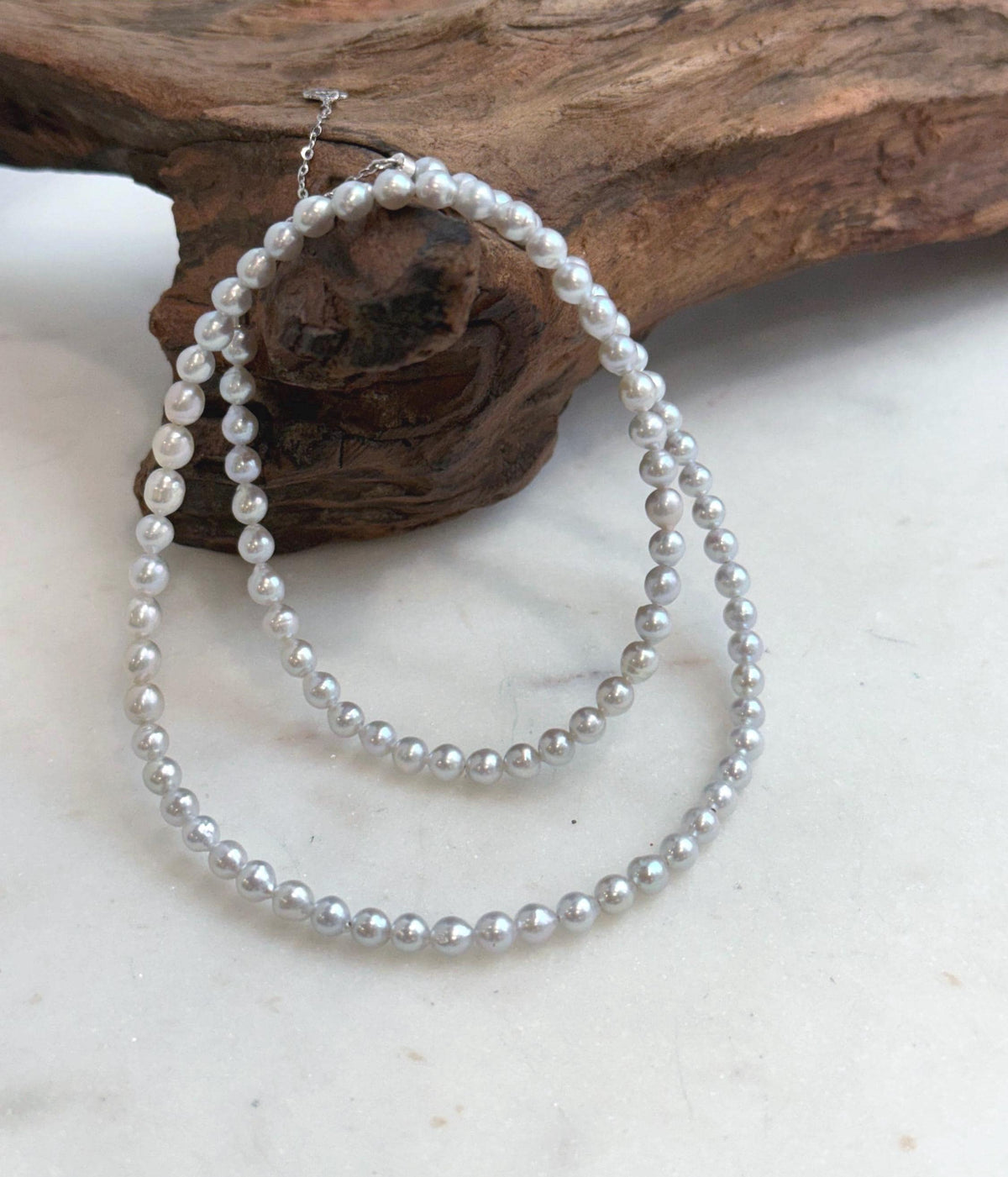 Elly’s 4.1-4.5mm Insale Freshwater blue silver Pearls Necklace: Extreme luster mirrored, To 18.5”, S925 silver necklace strand.