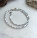 Elly’s 4.1-4.5mm Insale Freshwater blue silver Pearls Necklace: Extreme luster mirrored, To 18.5”, S925 silver necklace strand.