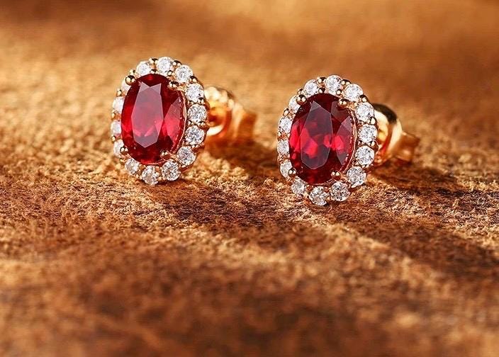 Lab Ruby 4-Prong Gemstone Earrings Studs| 1.2ct/pc 7x5mm | Pigeon blood | Solid S925 Silver with 18K Gold plated Earrings.