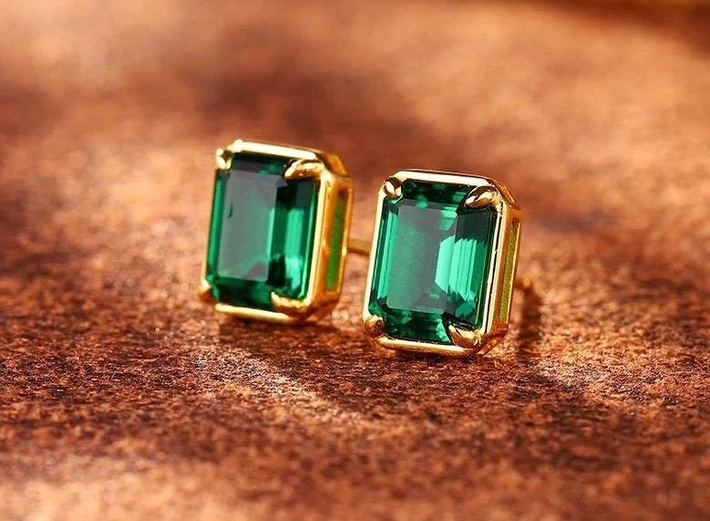 vivid green lab emerald gemstone sterling silver earrings