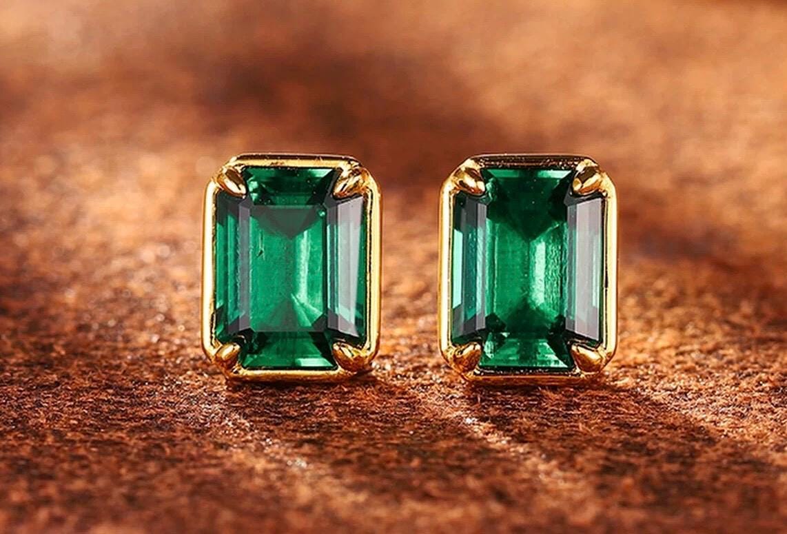 vivid green lab emerald gemstone sterling silver earrings