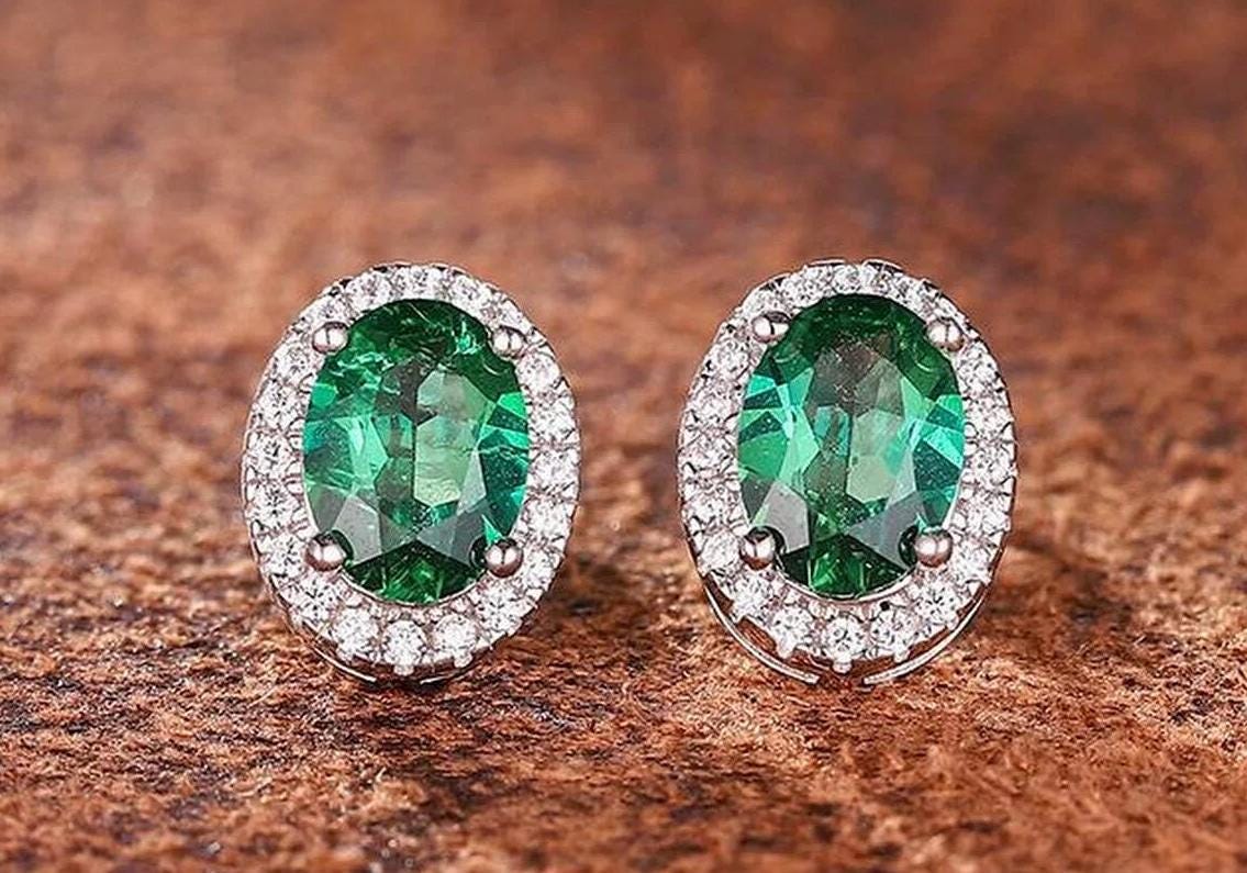 vivid green lab emerald gemstone sterling silver earrings