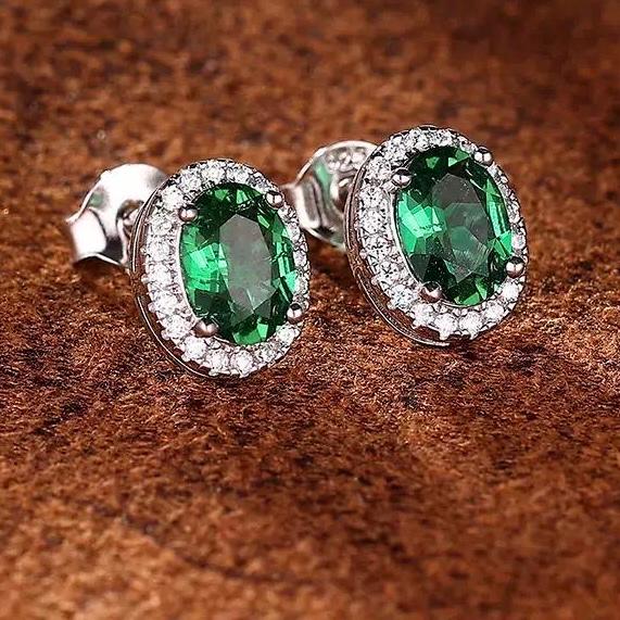 vivid green lab emerald gemstone sterling silver earrings