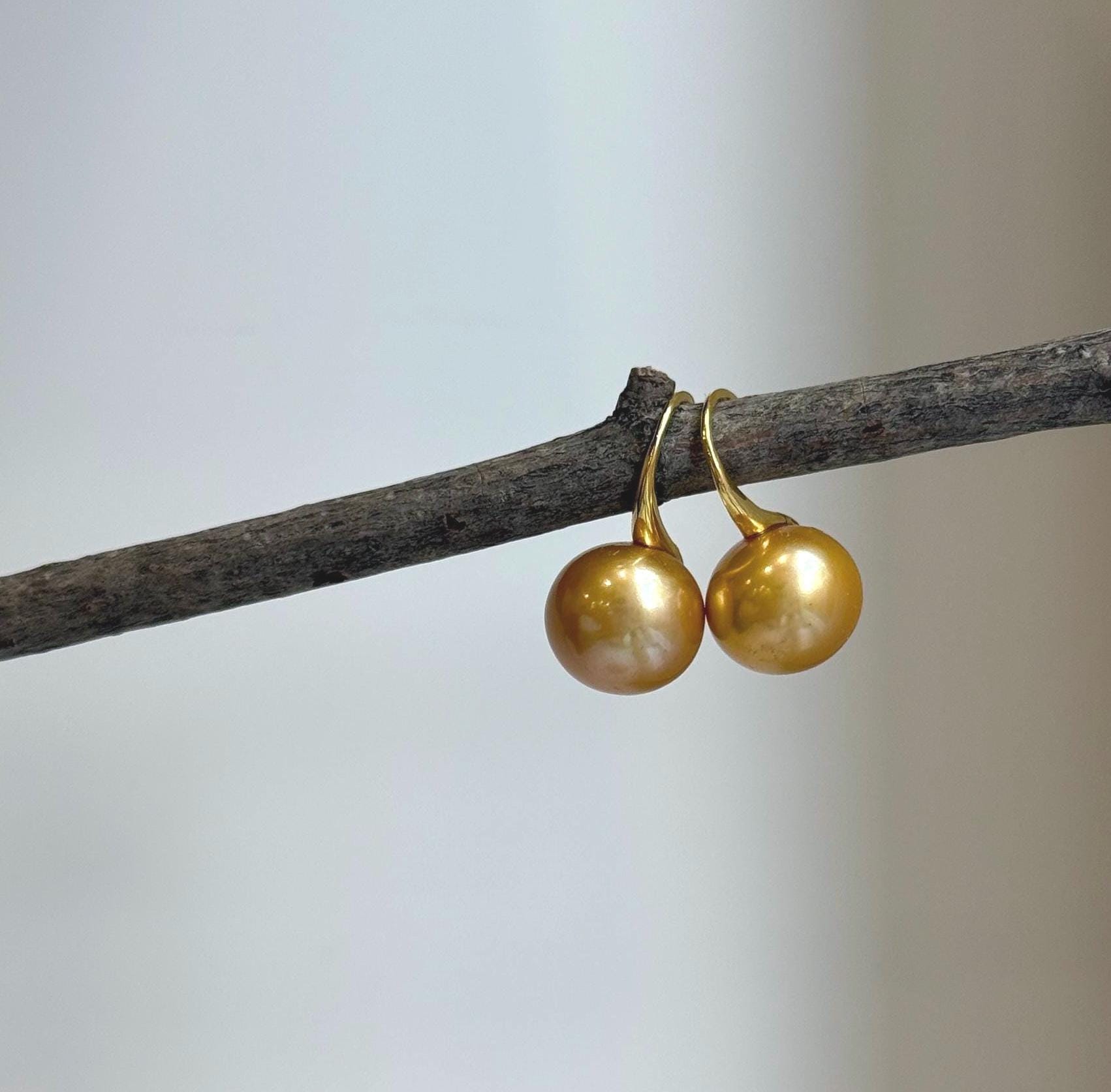 Elly’s 11.7mm Edison deep gold Pearls Earrings hooks: Extreme luster Mirrored, 2.2cm high, S925 silver cool earrings.