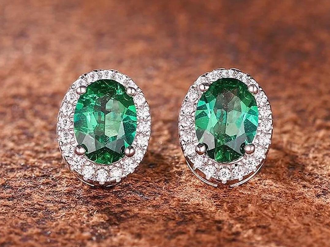 vivid green lab emerald gemstone sterling silver earrings