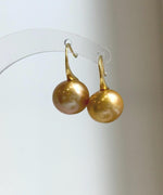 Elly’s 11.7mm Edison deep gold Pearls Earrings hooks: Extreme luster Mirrored, 2.2cm high, S925 silver cool earrings.