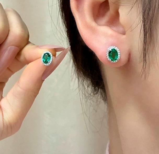 vivid green lab emerald gemstone sterling silver earrings
