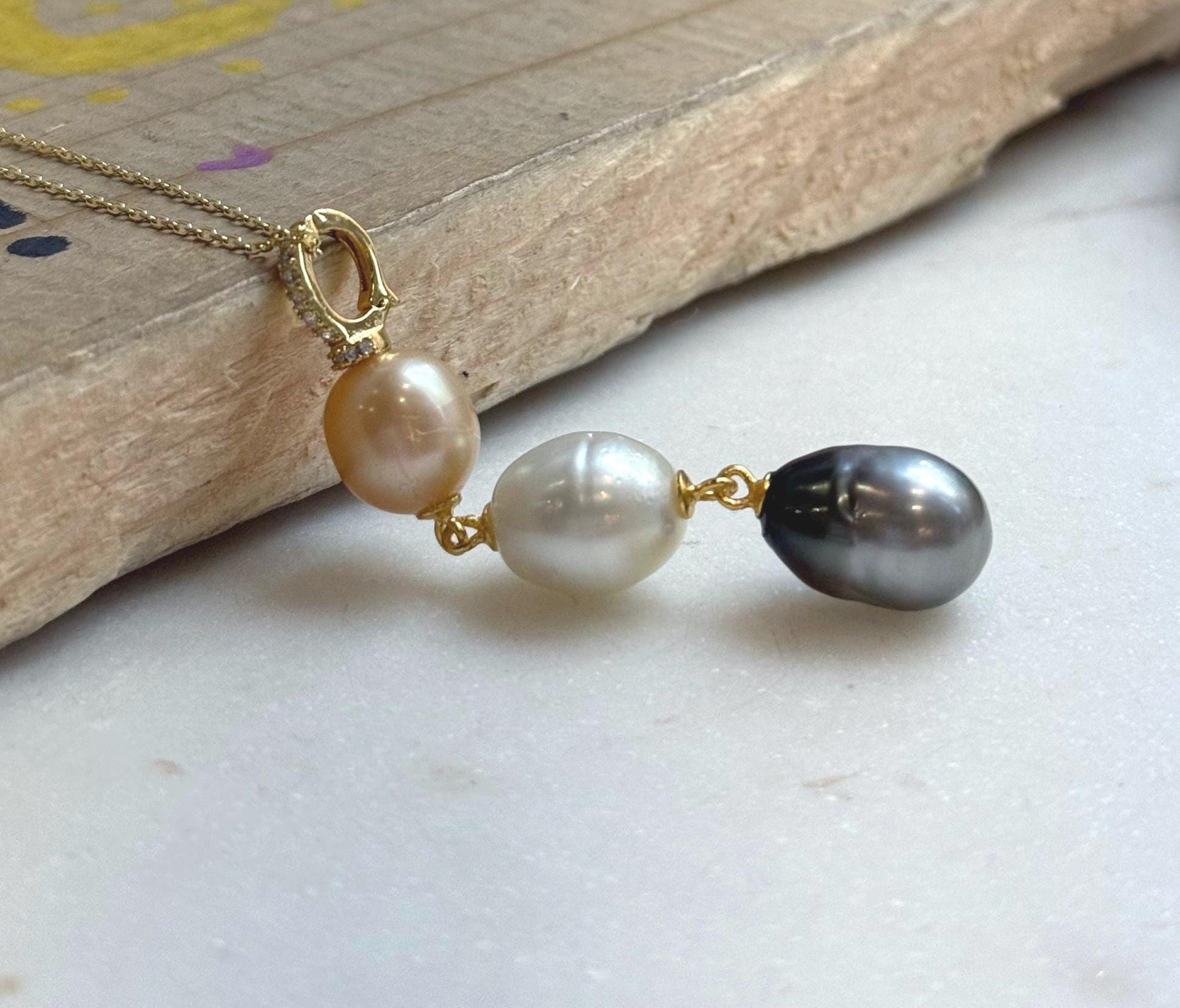 Tri 9.5-10.2mm South sea golden Tahitian Australian White pearls pendant: Extreme luster mirrored, 5.8cm high, S925 silver necklace set.
