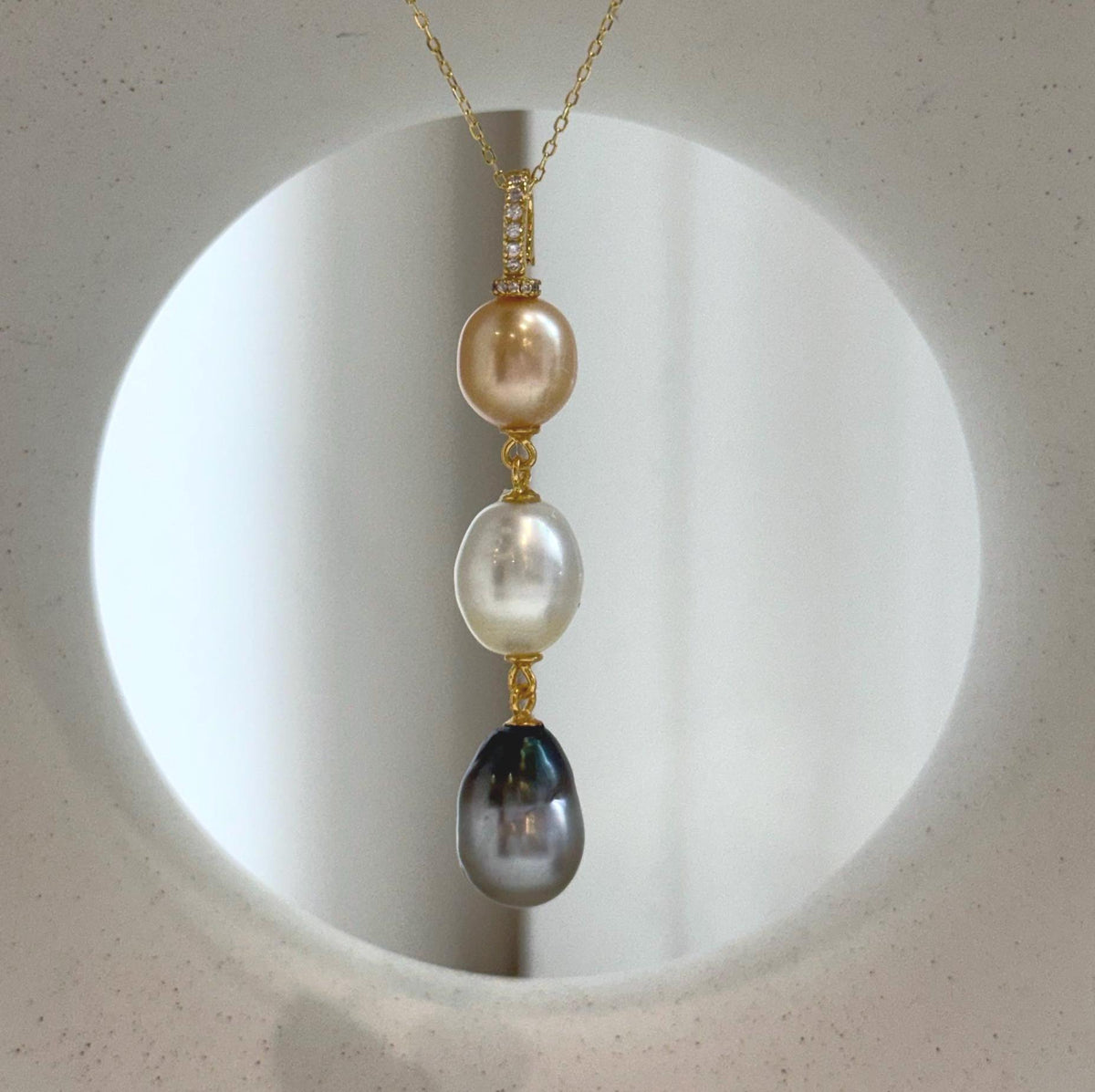 Tri 9.5-10.2mm South sea golden Tahitian Australian White pearls pendant: Extreme luster mirrored, 5.8cm high, S925 silver necklace set.