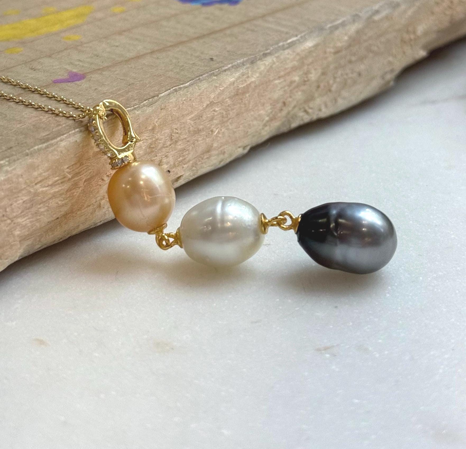 Tri 9.5-10.2mm South sea golden Tahitian Australian White pearls pendant: Extreme luster mirrored, 5.8cm high, S925 silver necklace set.