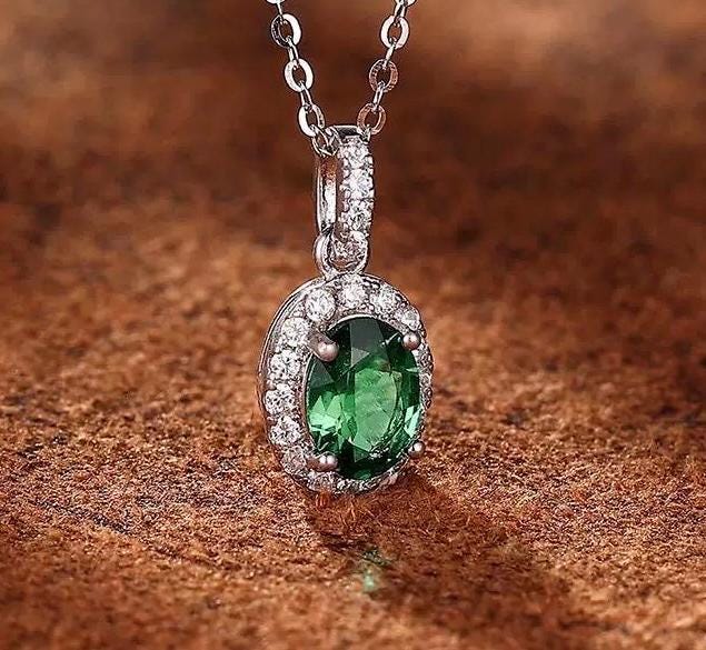 vivid green lab emerald sterling Silver Moissanite pendant