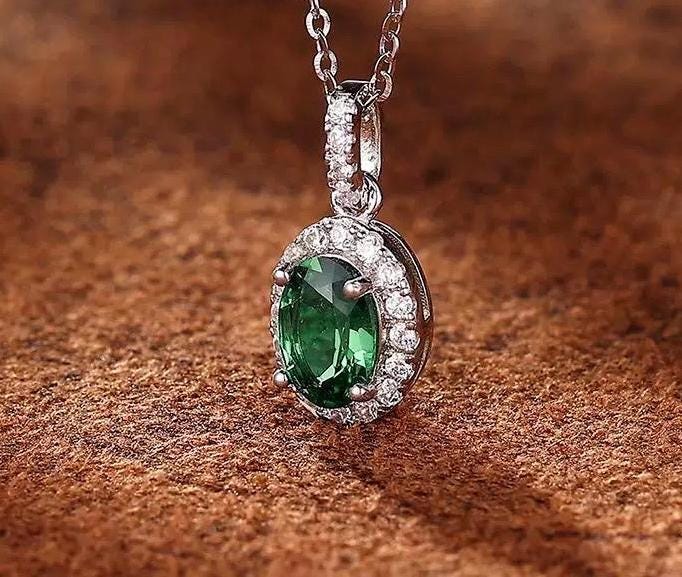 vivid green lab emerald sterling Silver Moissanite pendant