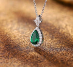 Lab Emerald 3-Prong Gemstone Pendant | 1ct 5x8mm waterdrop | Vivid green | Solid S925 Silver with 18K Gold plated Moissanite pendant.