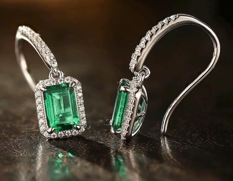 Lab Emerald 4-Prong Gemstone Earrings hooks | 1ct/pc 5x7mm | Vivid green | Solid S925 Silver with 18K Gold plated Moissanite Earrings