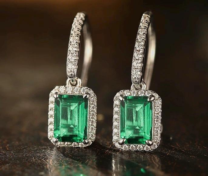 Lab Emerald 4-Prong Gemstone Earrings hooks | 1ct/pc 5x7mm | Vivid green | Solid S925 Silver with 18K Gold plated Moissanite Earrings