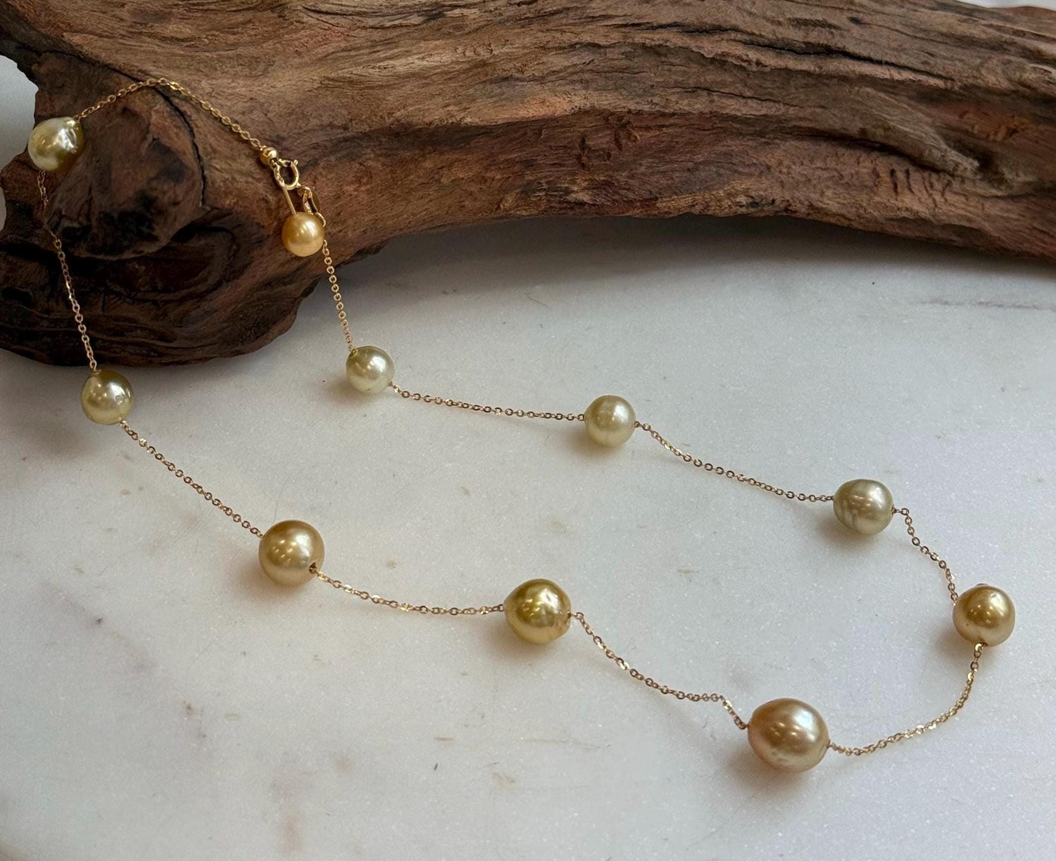 Elly’s 9pcs 8.2-10.1mm South sea golden ocean pearls Satellite Necklace: Extreme luster mirrored, S925 silver satellite necklace, to 17.7”.