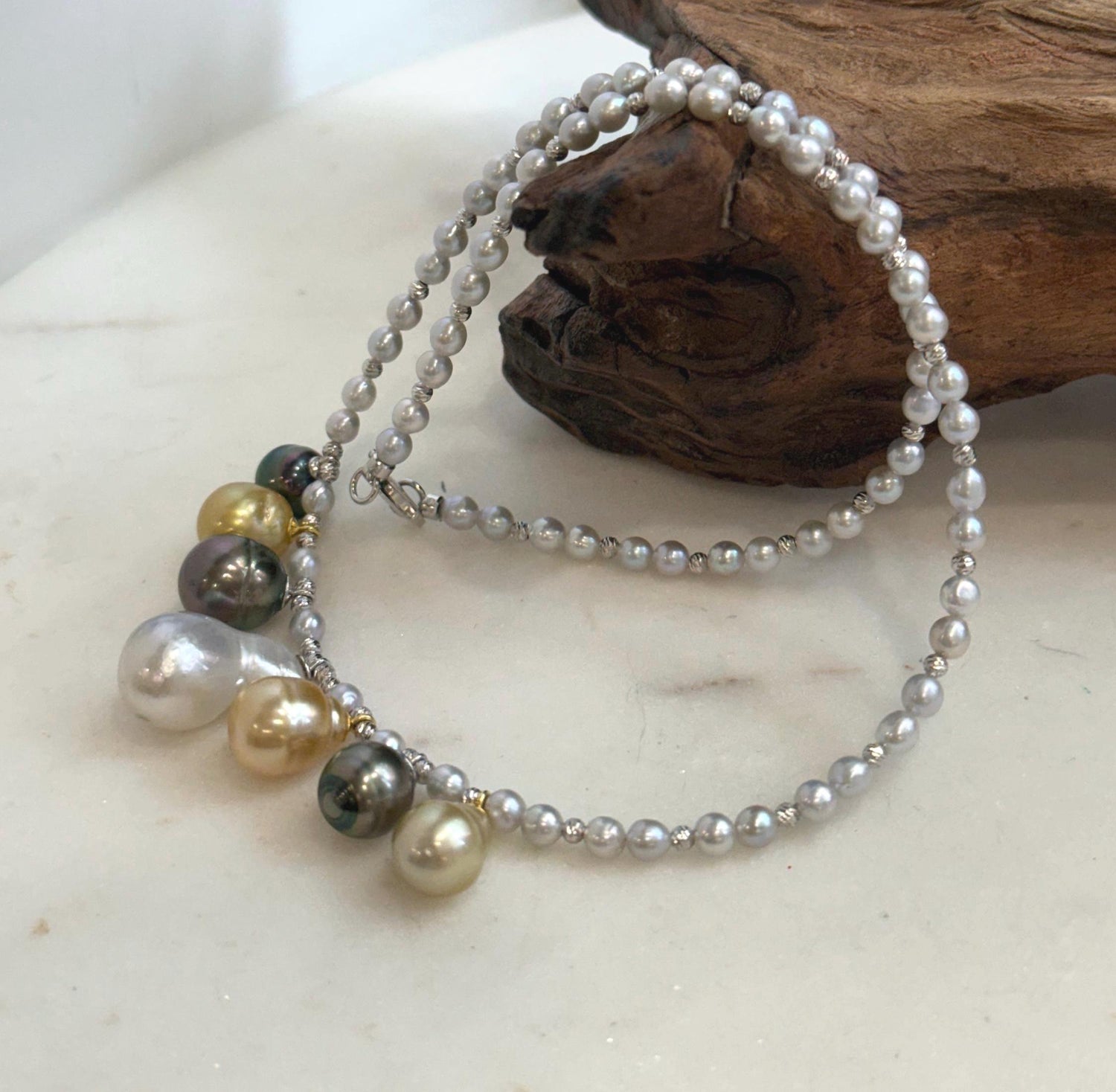 Elly’s 7pcs Tahitian South sea white golden ocean pearls necklace:Extreme luster, 9.1-12.6mm, 17.7”, S925 silver necklace.