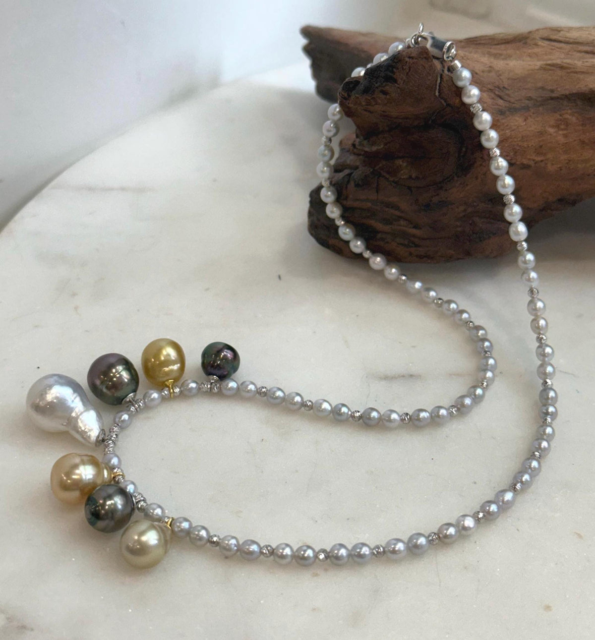 Elly’s 7pcs Tahitian South sea white golden ocean pearls necklace:Extreme luster, 9.1-12.6mm, 17.7”, S925 silver necklace.