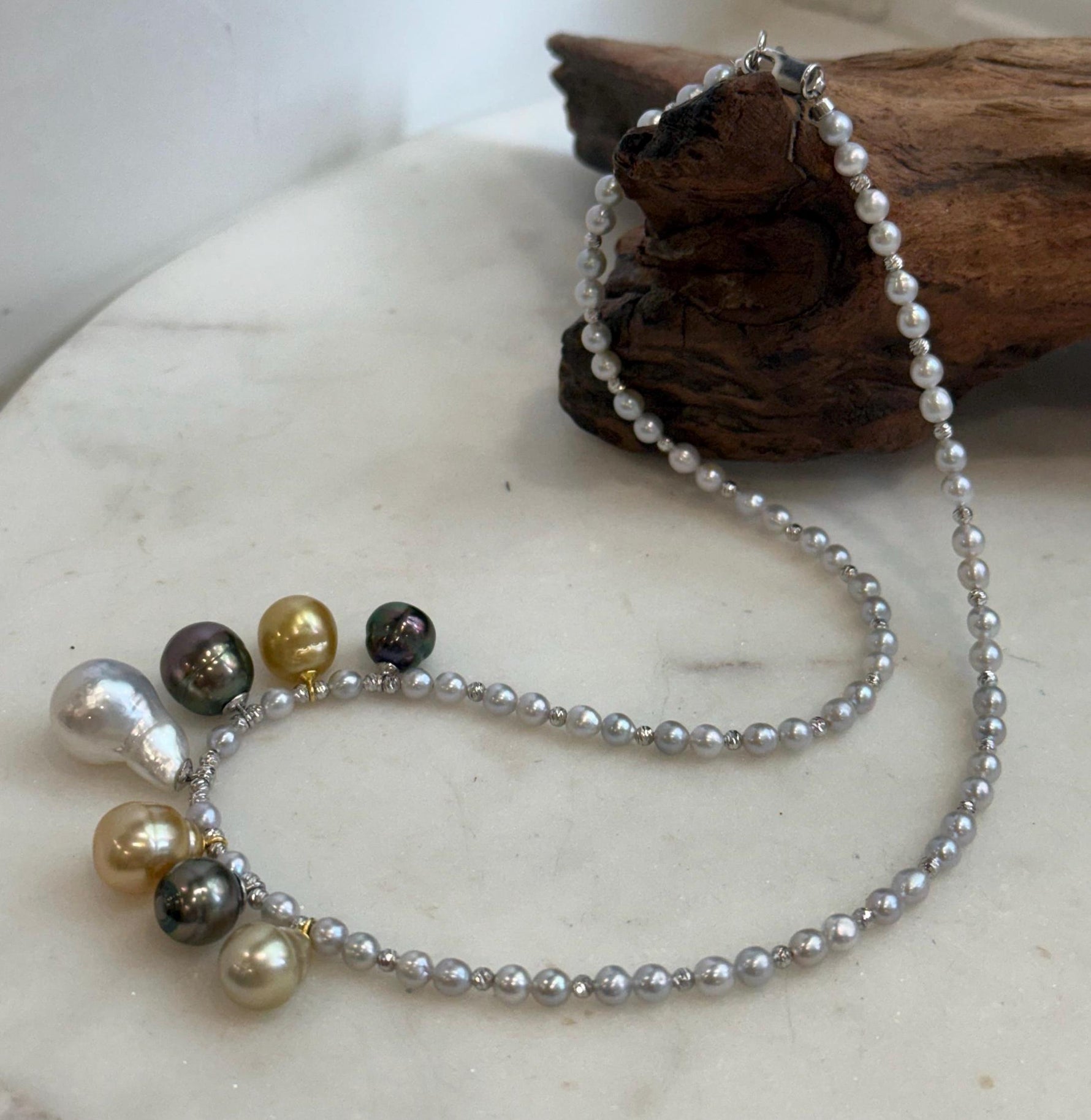 Elly’s 7pcs Tahitian South sea white golden ocean pearls necklace:Extreme luster, 9.1-12.6mm, 17.7”, S925 silver necklace.