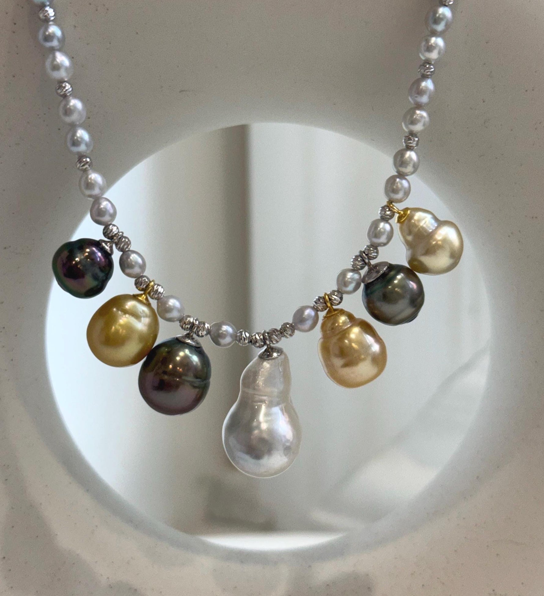 Elly’s 7pcs Tahitian South sea white golden ocean pearls necklace:Extreme luster, 9.1-12.6mm, 17.7”, S925 silver necklace.