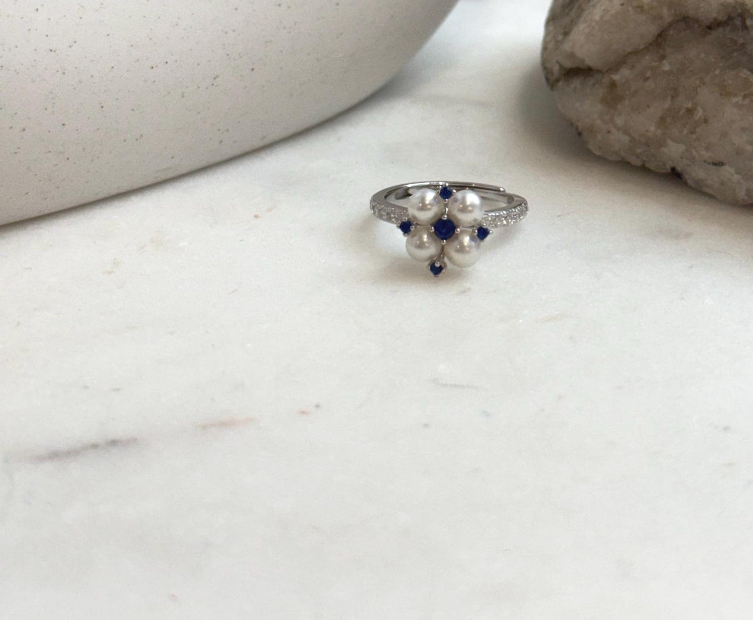 Elly’s 4pcs 4.2-4.5mm Freshwater white pearls Ring: Extreme luster mirrored, 1.1x1.1cm, S925 Silver Adjustable Ring.