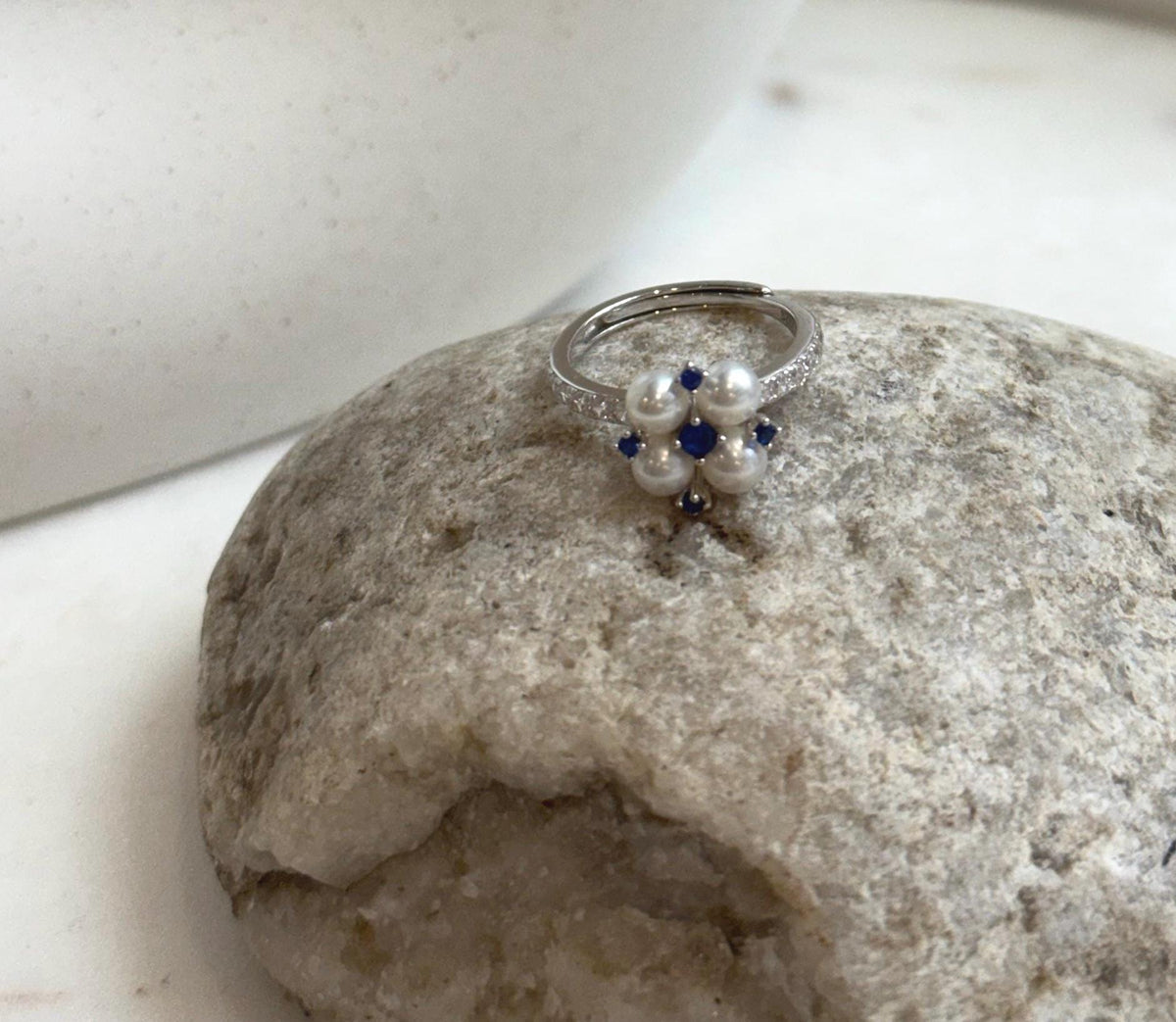Elly’s 4pcs 4.2-4.5mm Freshwater white pearls Ring: Extreme luster mirrored, 1.1x1.1cm, S925 Silver Adjustable Ring.