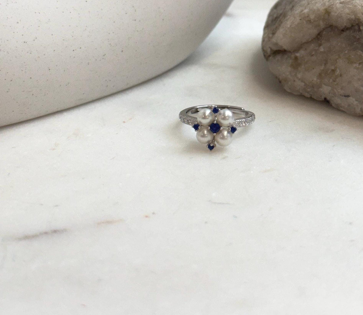 Elly’s 4pcs 4.2-4.5mm Freshwater white pearls Ring: Extreme luster mirrored, 1.1x1.1cm, S925 Silver Adjustable Ring.