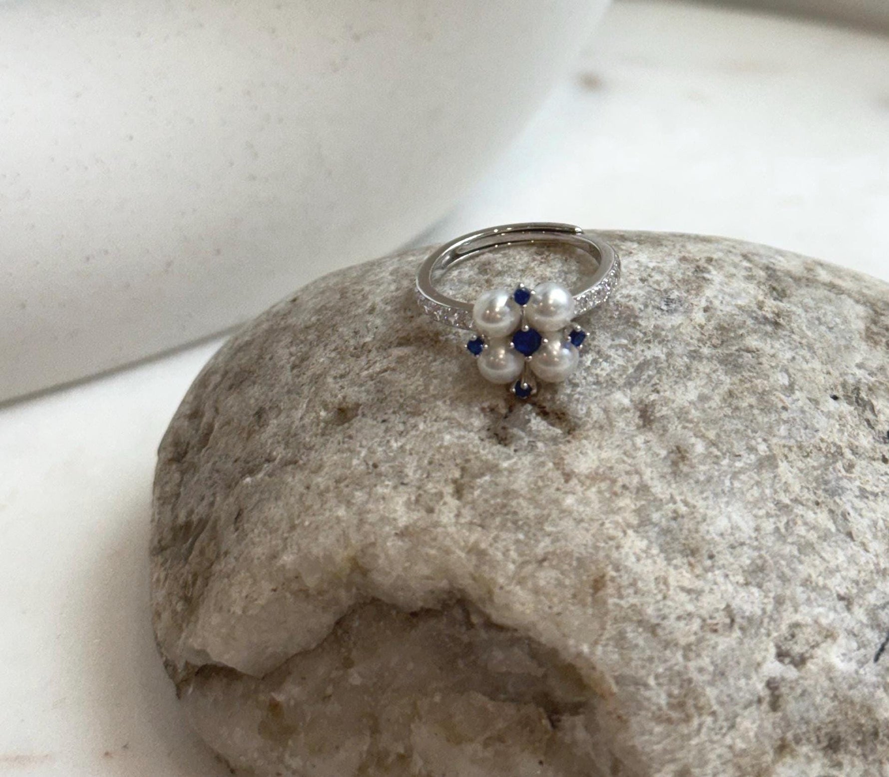 Elly’s 4pcs 4.2-4.5mm Freshwater white pearls Ring: Extreme luster mirrored, 1.1x1.1cm, S925 Silver Adjustable Ring.