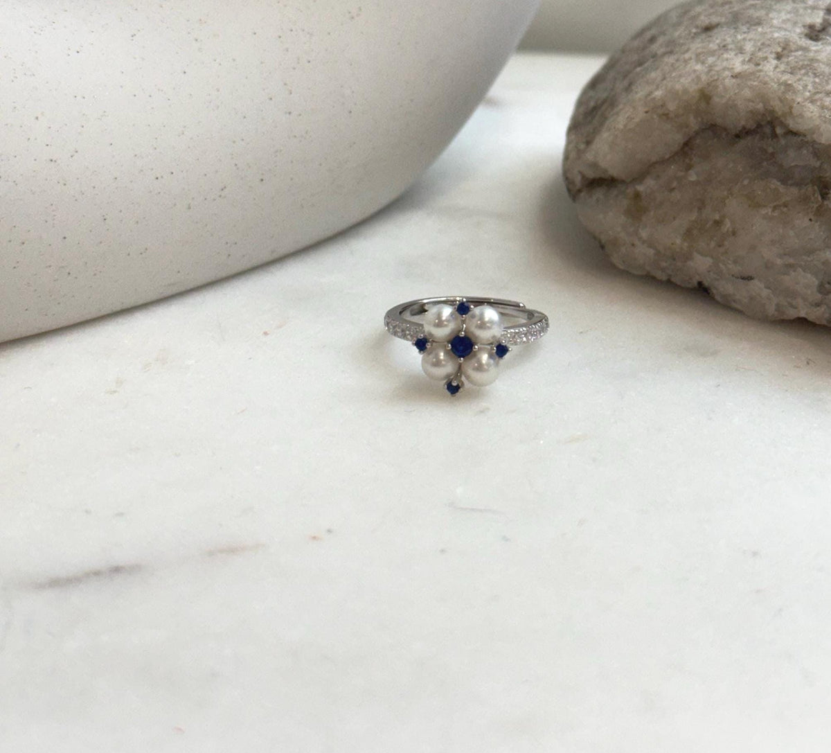 Elly’s 4pcs 4.2-4.5mm Freshwater white pearls Ring: Extreme luster mirrored, 1.1x1.1cm, S925 Silver Adjustable Ring.