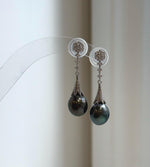 Elly’s 10mm Tahitian Peacock green hunter ocean Pearls Cool Earrings: Extreme luster Mirrored, 3.7cm high, S925 silver earrings.