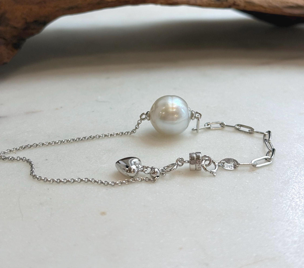 Elly’s 12.7mm Australian Ocean white silver Pearl bracelet: Extreme luster, to 8.3”, S925 silver adjustable bracelet.