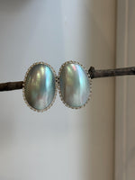 Elly’s Blue iridescent Ocean Mabe Huge Earrings: Extreme luster, 2.7x4cm, S925 silver earrings. 1 breath hole back.