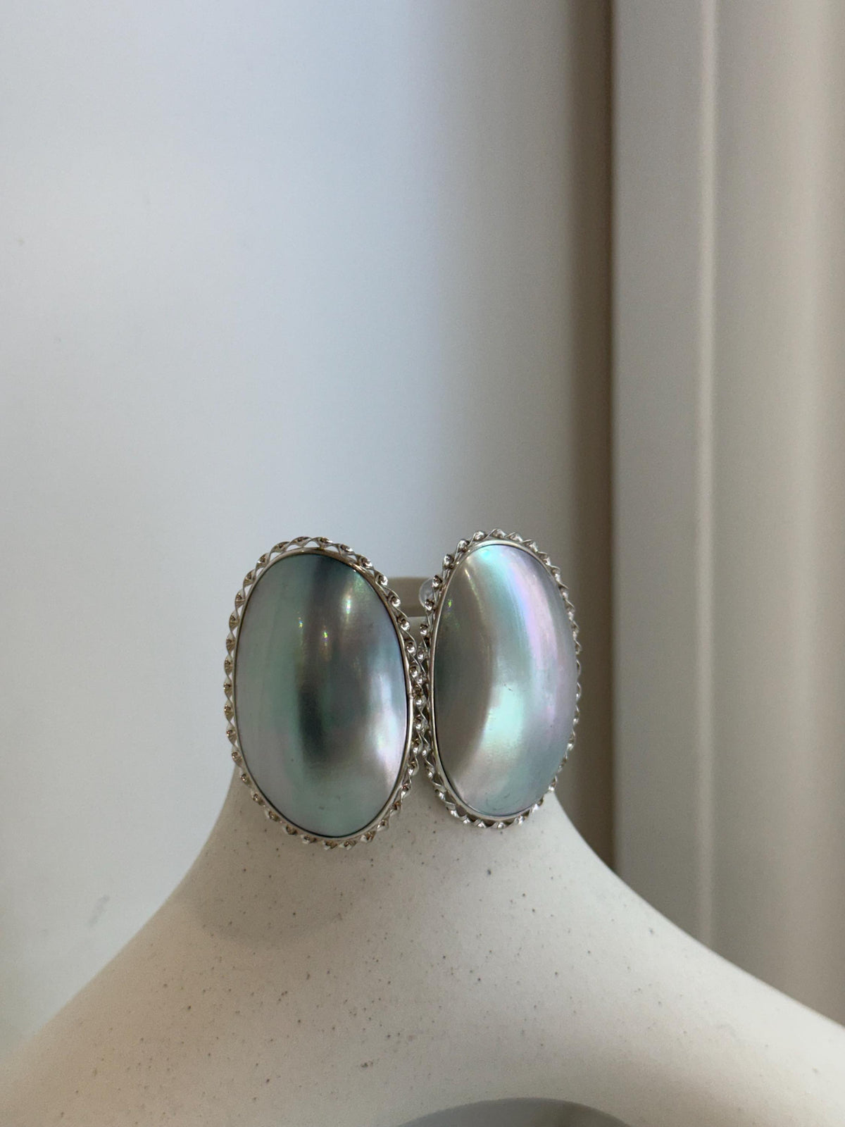 Elly’s Blue iridescent Ocean Mabe Huge Earrings: Extreme luster, 2.7x4cm, S925 silver earrings. 1 breath hole back.