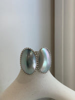 Elly’s Blue iridescent Ocean Mabe Huge Earrings: Extreme luster, 2.7x4cm, S925 silver earrings. 1 breath hole back.