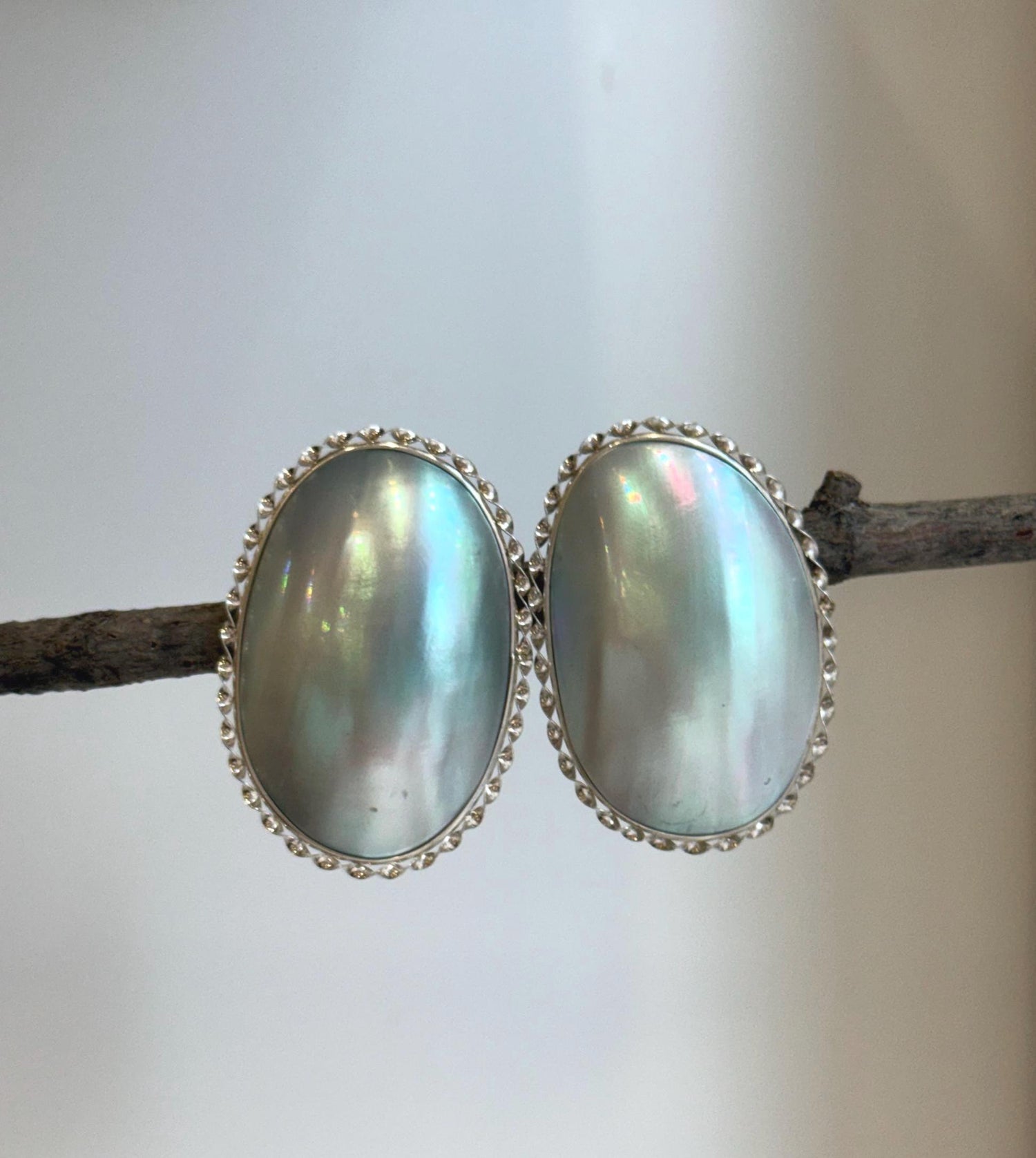blue iridescent huge ocean Mabe pearl sterling silver earrings