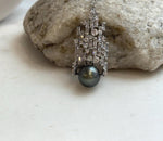 Elly’s 10.2mm Tahitian ocean pearl waterfall brooch pendant 2in1: Extreme luster mirrored, peacock hunter, 1.7x4cm