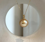 Elly’s 15.2mm Huge South Sea Golden ocean Pearl pendant: Extreme luster mirrored. S925 silver pendant necklace set.