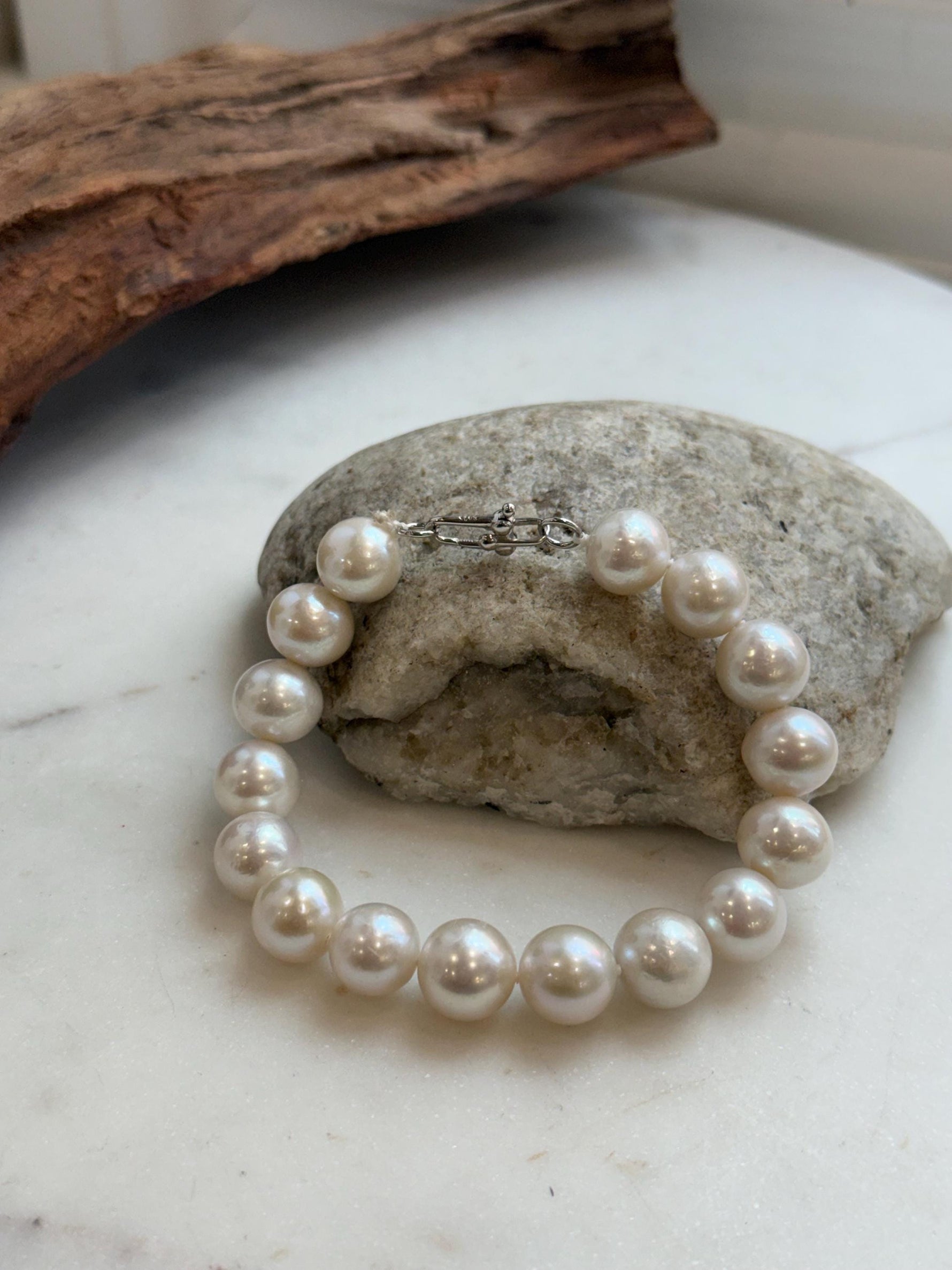 Elly’s 11-12.1mm 16pcs Edison white Pearls bracelet: Extreme luster, 8.1”, S925 silver bracelet.