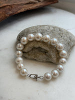 Elly’s 11-12.1mm 16pcs Edison white Pearls bracelet: Extreme luster, 8.1”, S925 silver bracelet.