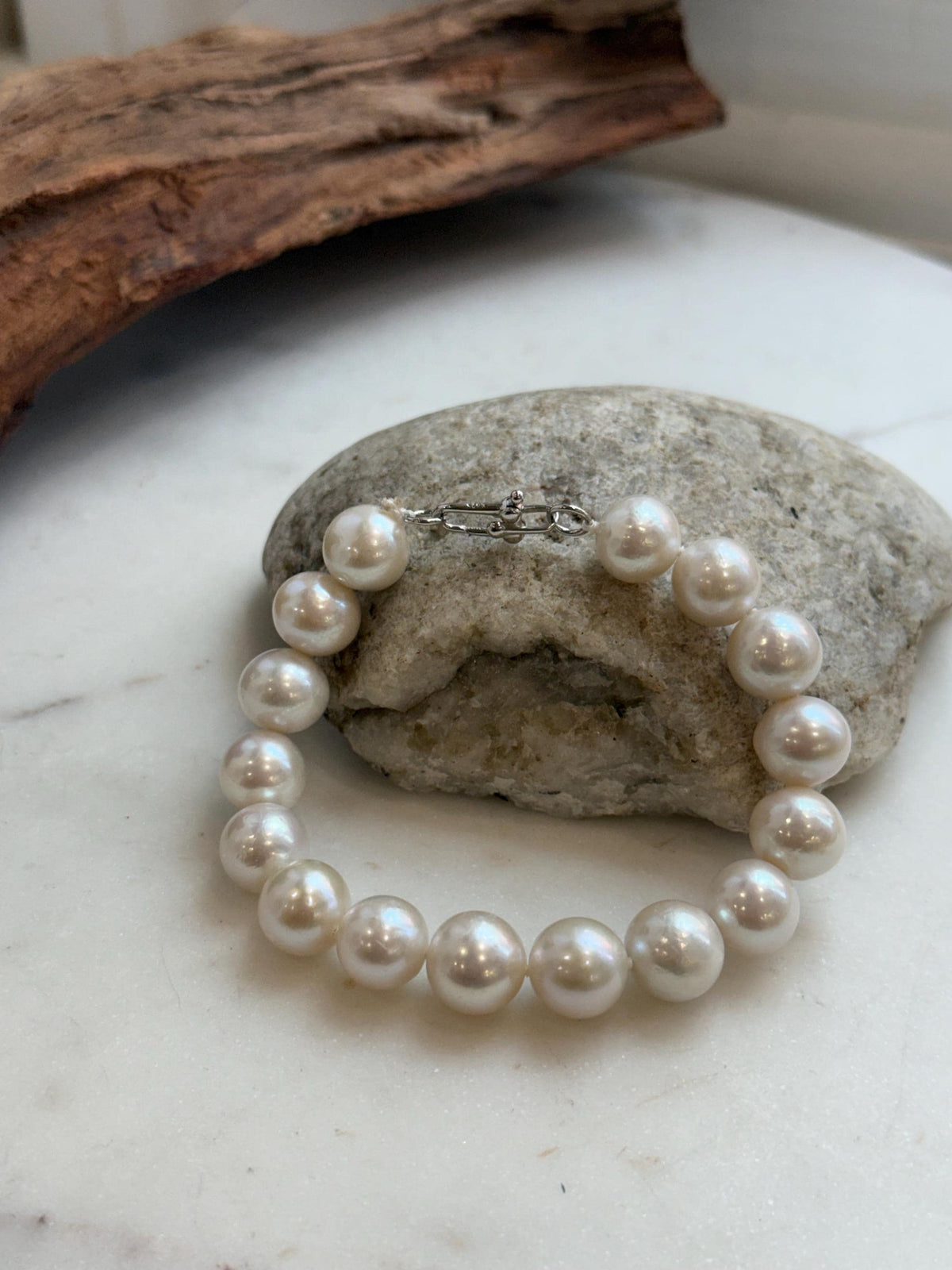 Elly’s 11-12.1mm 16pcs Edison white Pearls bracelet: Extreme luster, 8.1”, S925 silver bracelet.