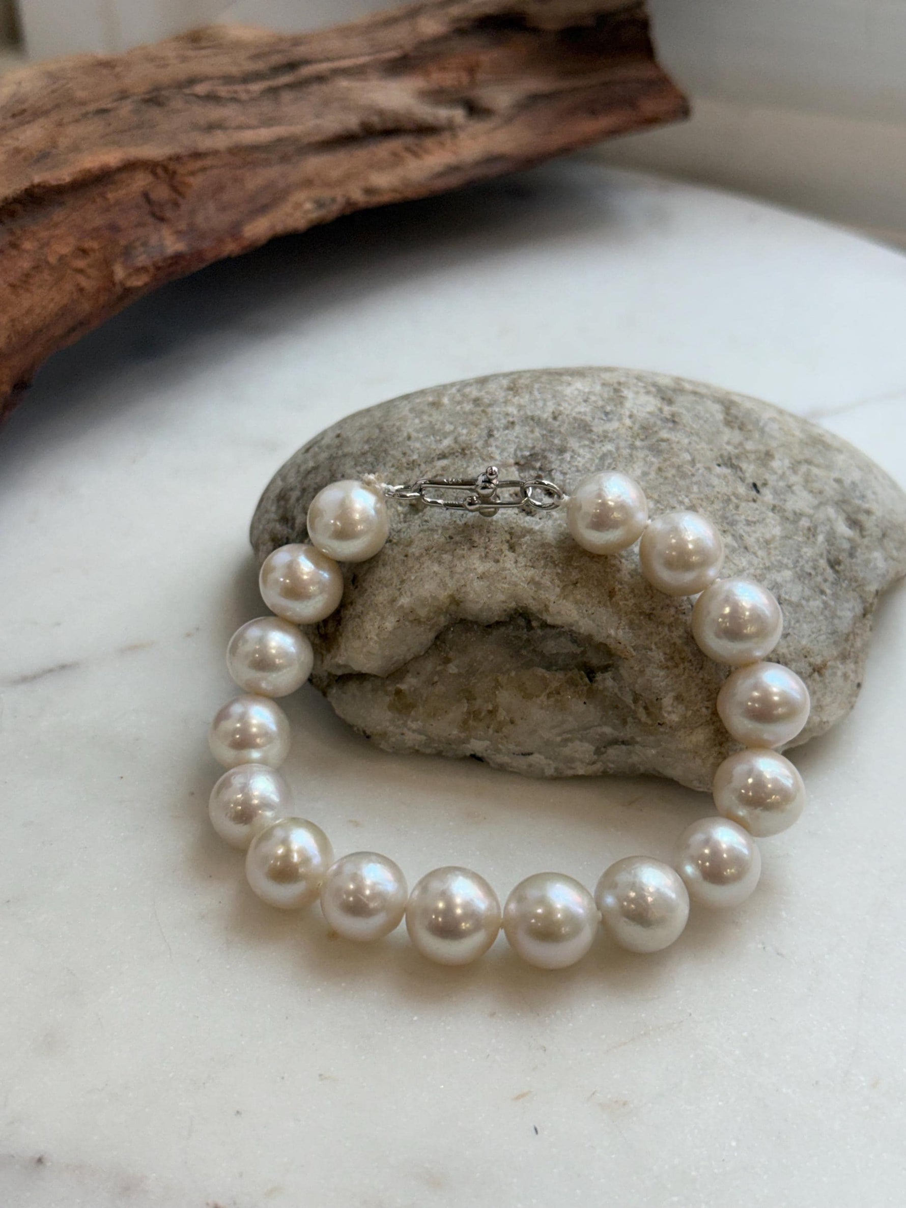 Elly’s 11-12.1mm 16pcs Edison white Pearls bracelet: Extreme luster, 8.1”, S925 silver bracelet.