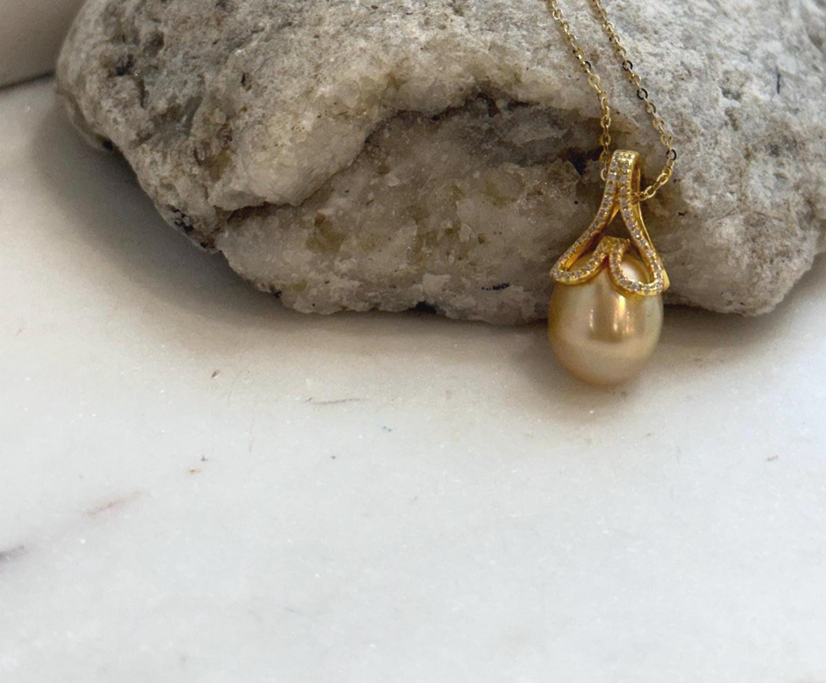 Elly’s 11.3mm South Sea deep Tea Gold ocean Drop Pearl Mermaid pendant: Extreme luster mirrored. 2.3cm high, S925 silver high quality golden pearl  pendant.