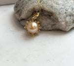 Elly’s 13mm South Sea deep Golden ocean Pearl Floral pendant: Extreme luster mirrored. 2x3cm, S925 silver cool fancy pendant.
