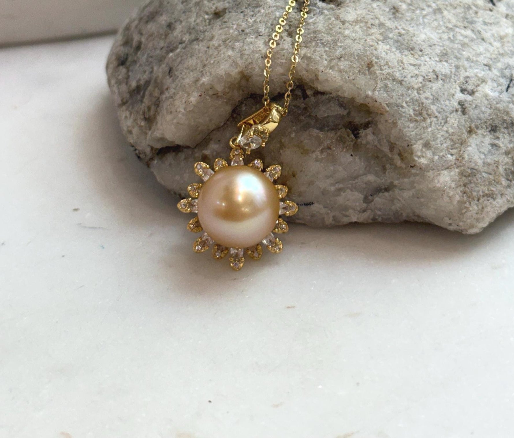 Elly’s 13mm South Sea deep Golden ocean Pearl Floral pendant: Extreme luster mirrored. 2x3cm, S925 silver cool fancy pendant.