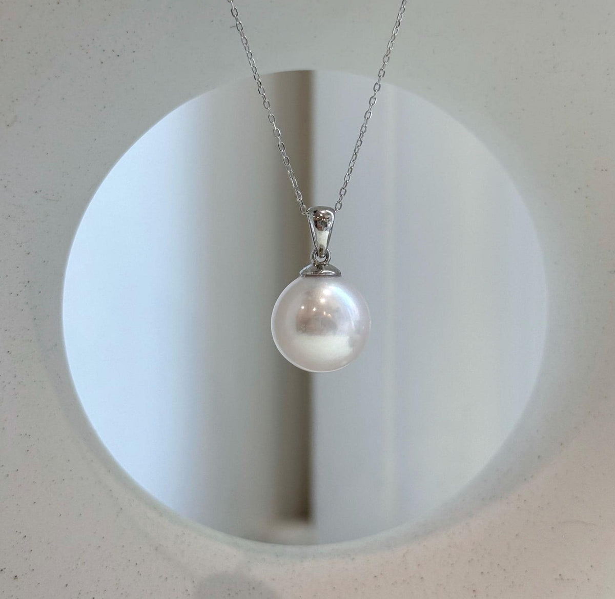 Elly’s 14.4mm White Edison Pearl pendant: Extreme luster mirrored, 2.4cm high, S925 silver minimalist pendant.